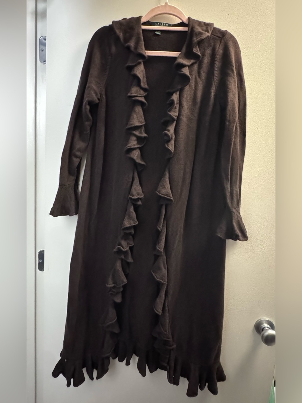 Ralph Lauren Chocolate Brown Ruffle-Trim Long Cardigan Dress